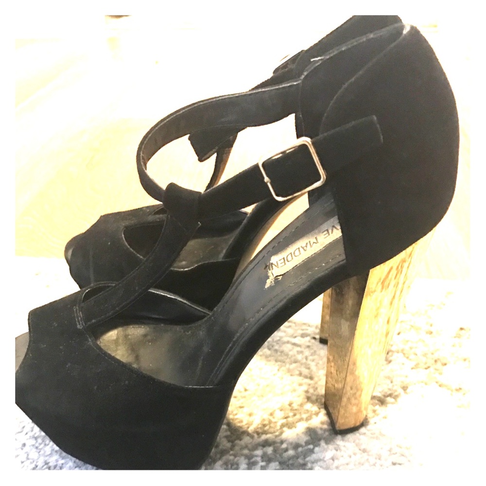 Steve Madden black suede with Gold Heels